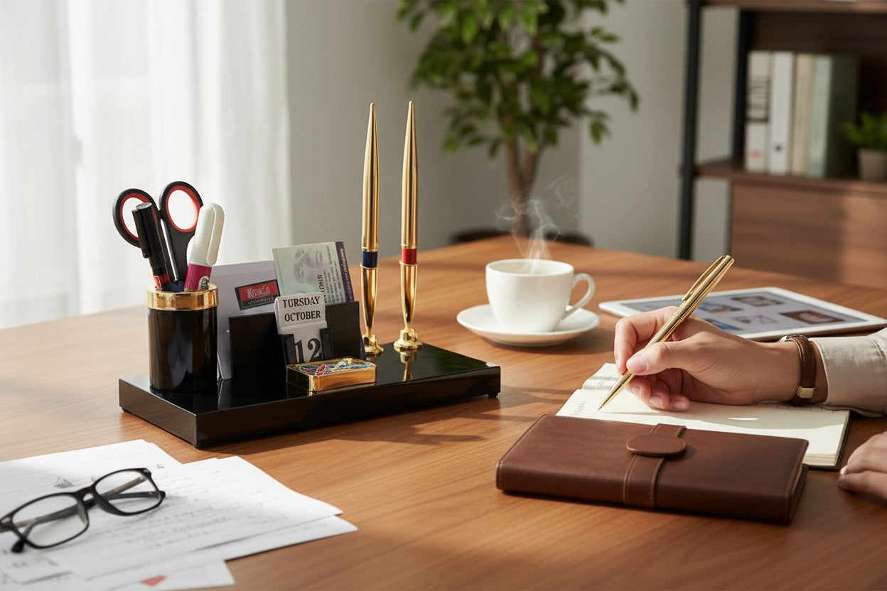 Executive Black & Gold Desk Organizer with Dual Premium Pens, Calendar & Card Holder