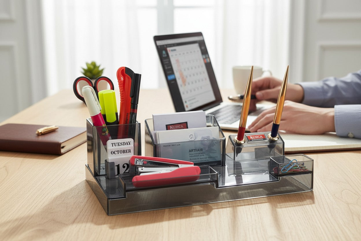 Kebica Crystal Clear Executive Desk Organizer with Dual Pen Stand, Calendar & Multi-Utility Compartments