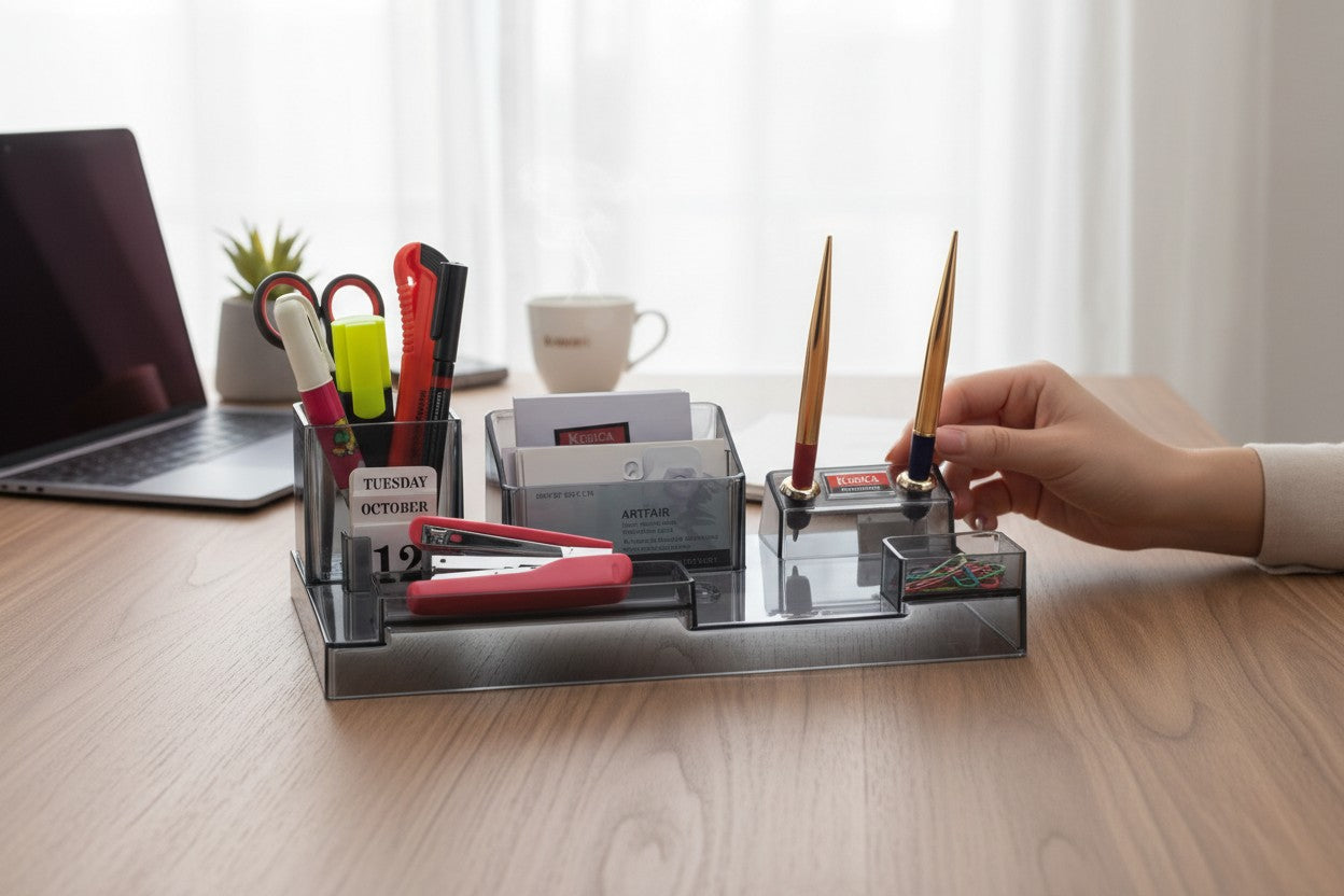 Kebica Crystal Clear Executive Desk Organizer with Dual Pen Stand, Calendar & Multi-Utility Compartments