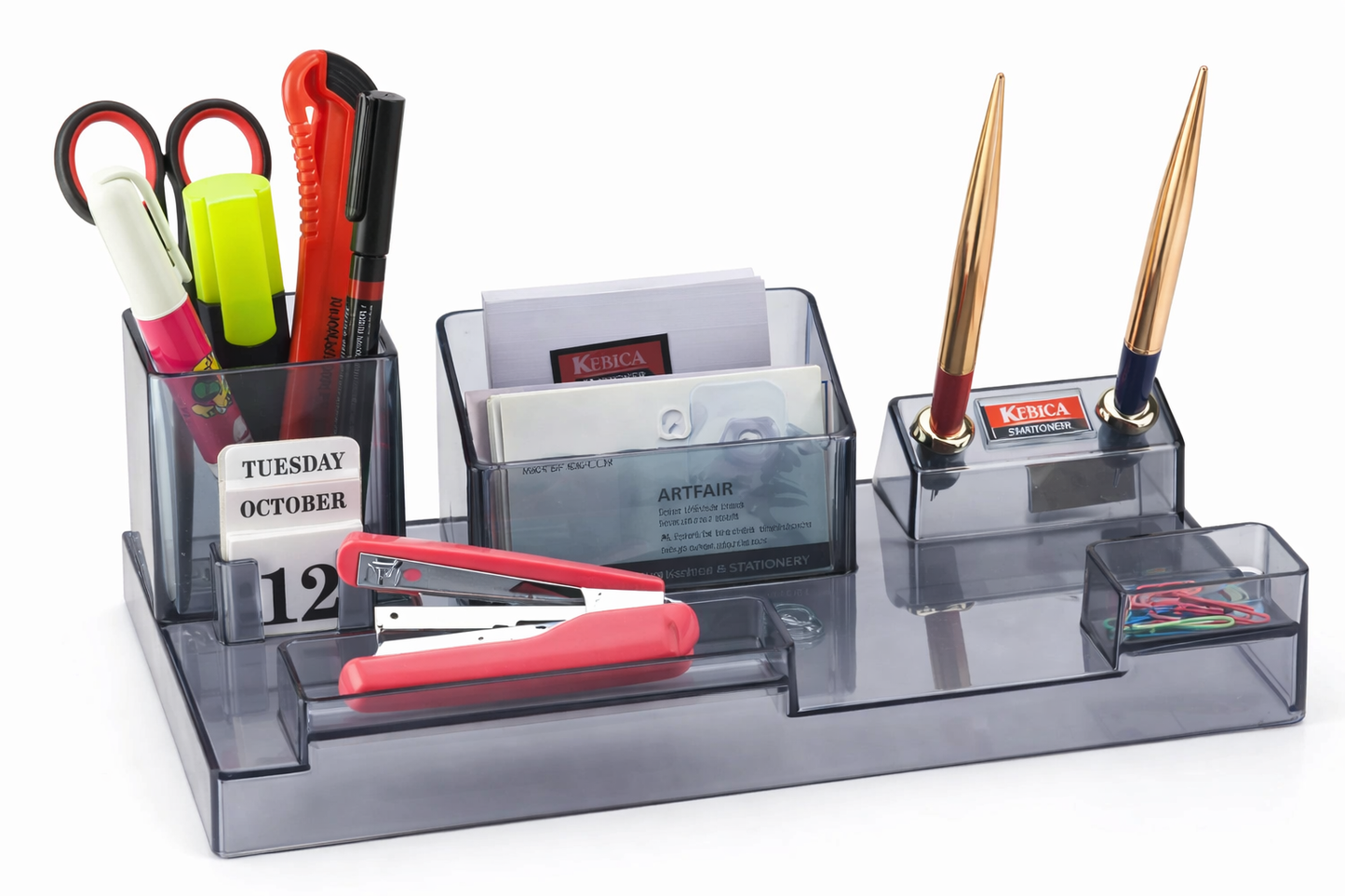 Kebica Crystal Clear Executive Desk Organizer with Dual Pen Stand, Calendar & Multi-Utility Compartments