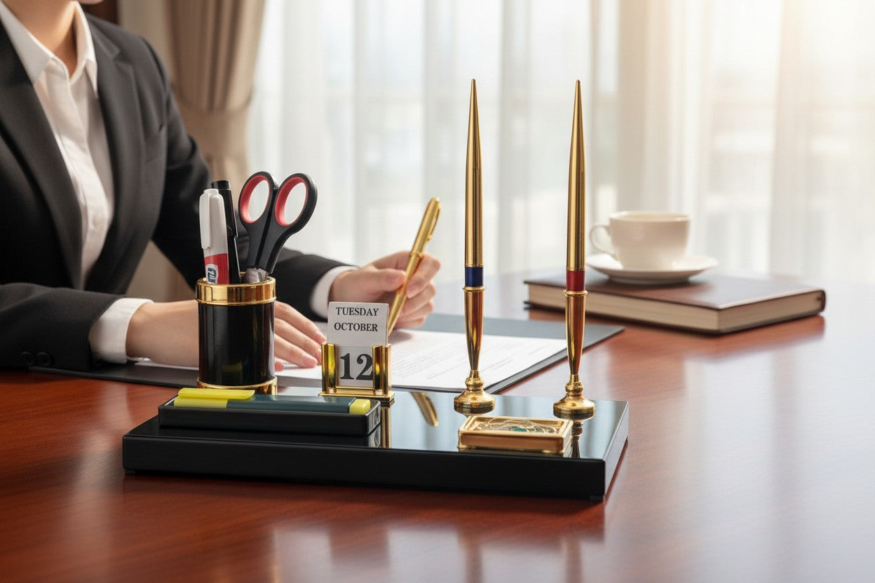 Kebica Premium Black & Gold Office Desk Organizer Set with Pen Holder, Dual Pen Stand & Perpetual Calendar 1305 N 2 PEN-5.5