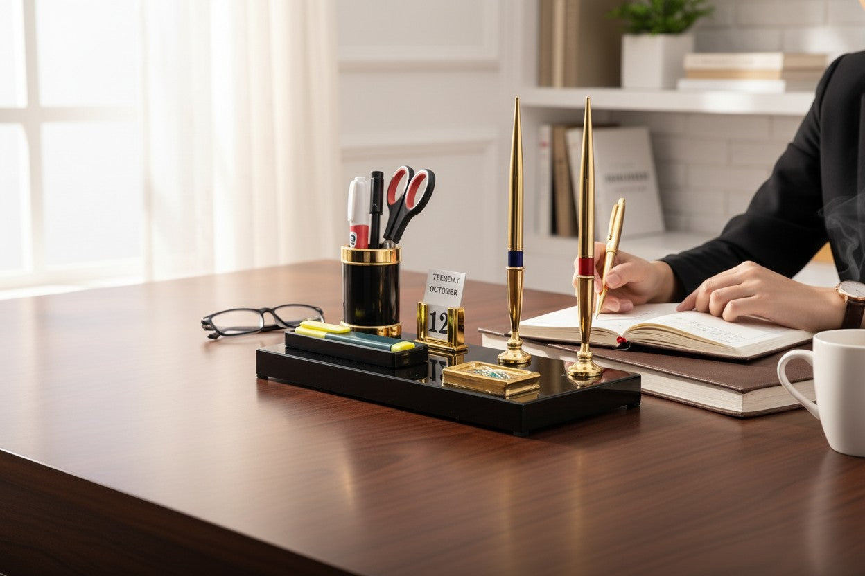 Kebica Premium Black & Gold Office Desk Organizer Set with Pen Holder, Dual Pen Stand & Perpetual Calendar 1305 N 2 PEN-5.5