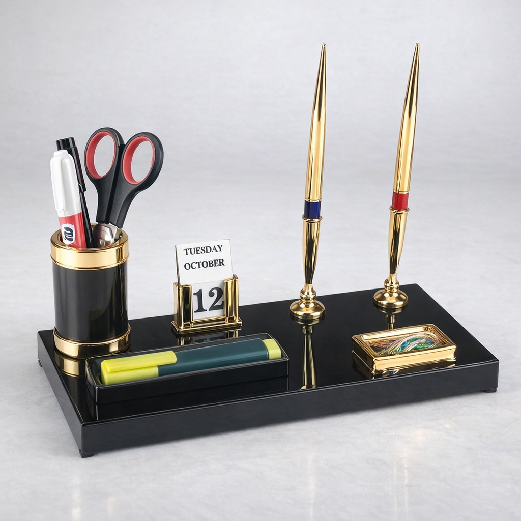 Kebica Premium Black & Gold Office Desk Organizer Set with Pen Holder, Dual Pen Stand & Perpetual Calendar 1305 N 2 PEN-5.5