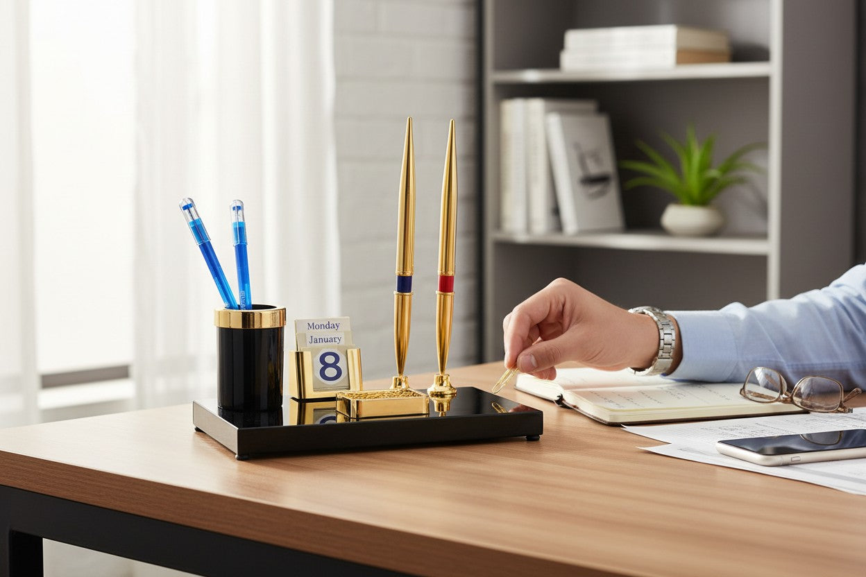 Kebica Luxury Office Desk Organizer with Pen Stand, Calendar Block & Paper Clip Holder – Black Gold Finish
