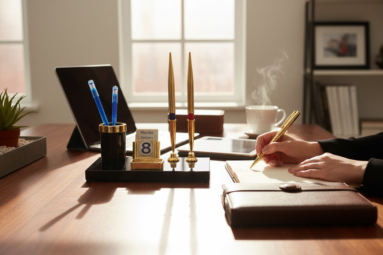 Kebica Luxury Office Desk Organizer with Pen Stand, Calendar Block & Paper Clip Holder – Black Gold Finish