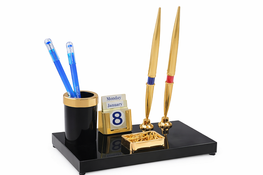 Kebica Luxury Office Desk Organizer with Pen Stand, Calendar Block & Paper Clip Holder – Black Gold Finish