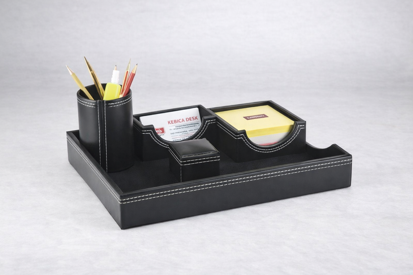 Kebica Black Leather Office Desk Organizer with Pen Stand & Memo Pad Holder