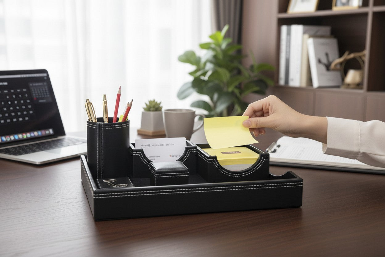 Kebica Black Leather Office Desk Organizer with Pen Stand & Memo Pad Holder