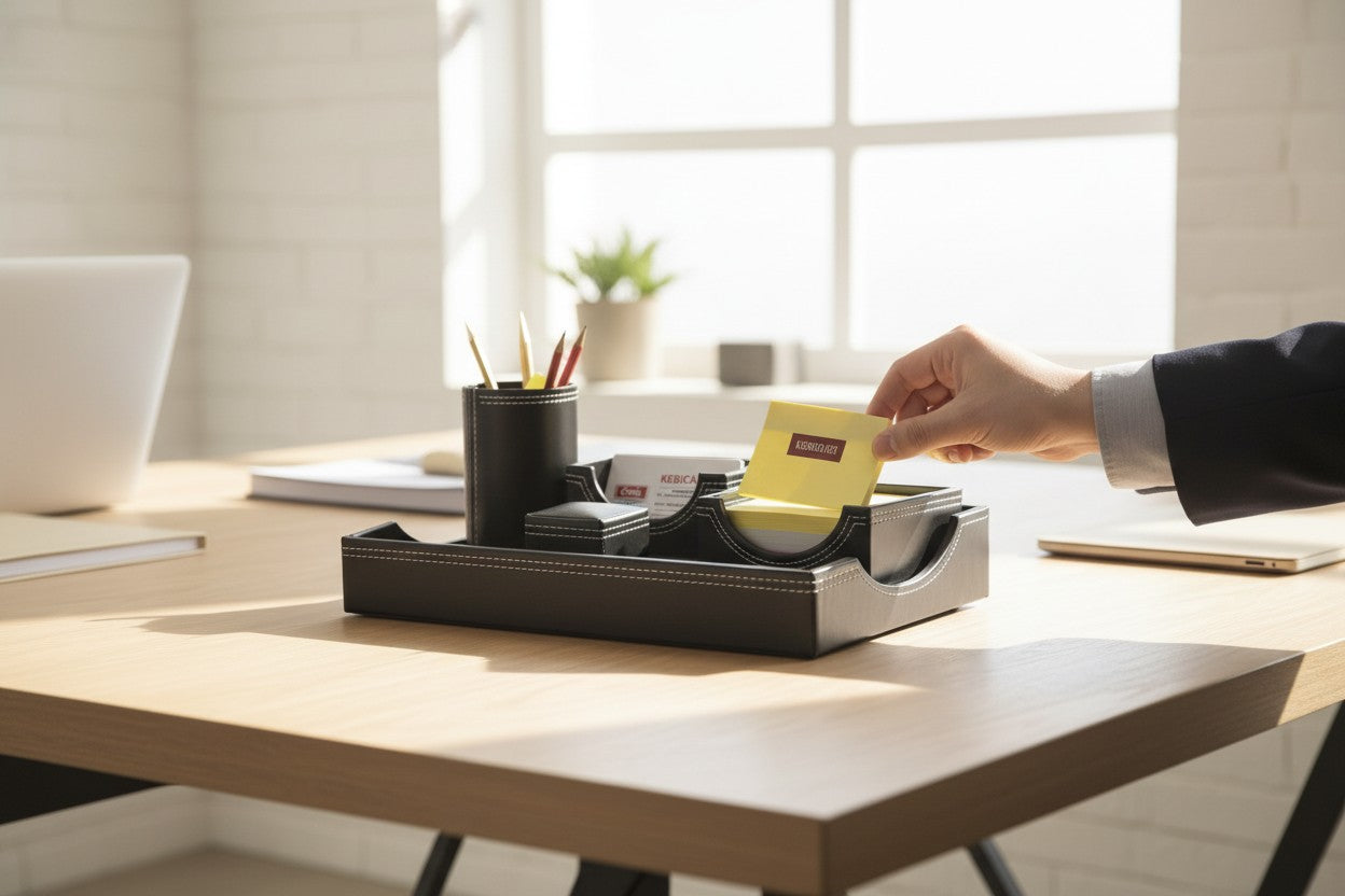 Kebica Black Leather Office Desk Organizer with Pen Stand & Memo Pad Holder