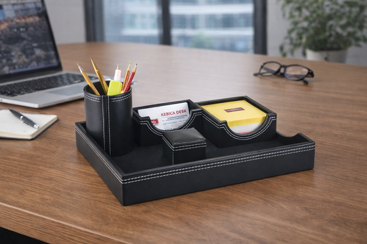 Kebica Black Leather Office Desk Organizer with Pen Stand & Memo Pad Holder