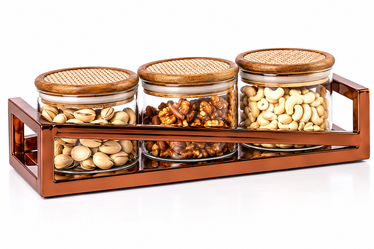 AAR Metalica 3 Jar Rectangular Dry Fruit Set for Kitchen & Dining | Stylish Storage Jars for Dry Fruits, Nuts, Snacks, Candies & Mouth Freshener | Decorative Table Organizer