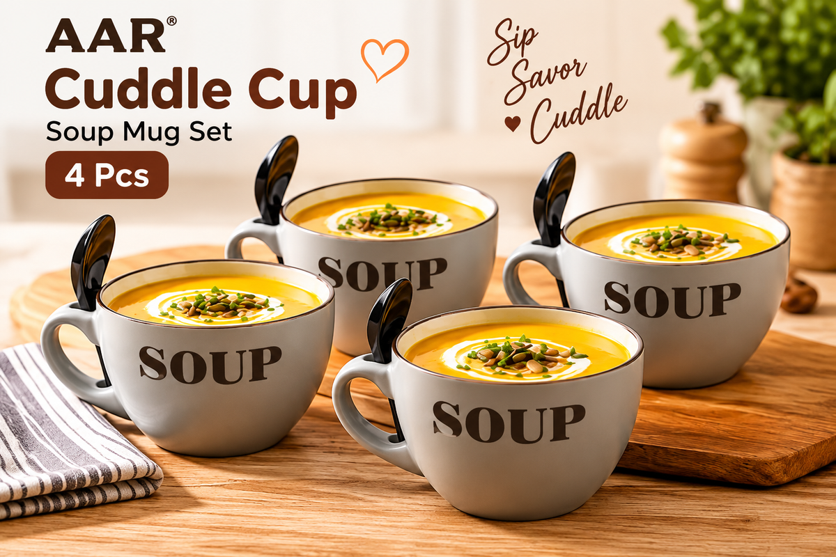 AAR Cuddle Cup 4 Pcs Ceramic Soup Mug Set with Spoon Holder, Soup Cups for Coffee, Tea, Noodles and Hot Beverages, Stylish Kitchen Drinkware Set