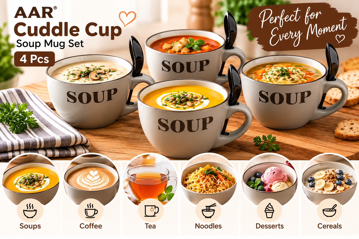 AAR Cuddle Cup 4 Pcs Ceramic Soup Mug Set with Spoon Holder, Soup Cups for Coffee, Tea, Noodles and Hot Beverages, Stylish Kitchen Drinkware Set
