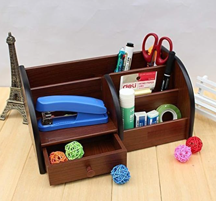 Kebica Polished Multi-Functional Wooden Desk Organizer, Pen Stand/Pencil Stand/Stationery Stand for Office and Students use with Drawer