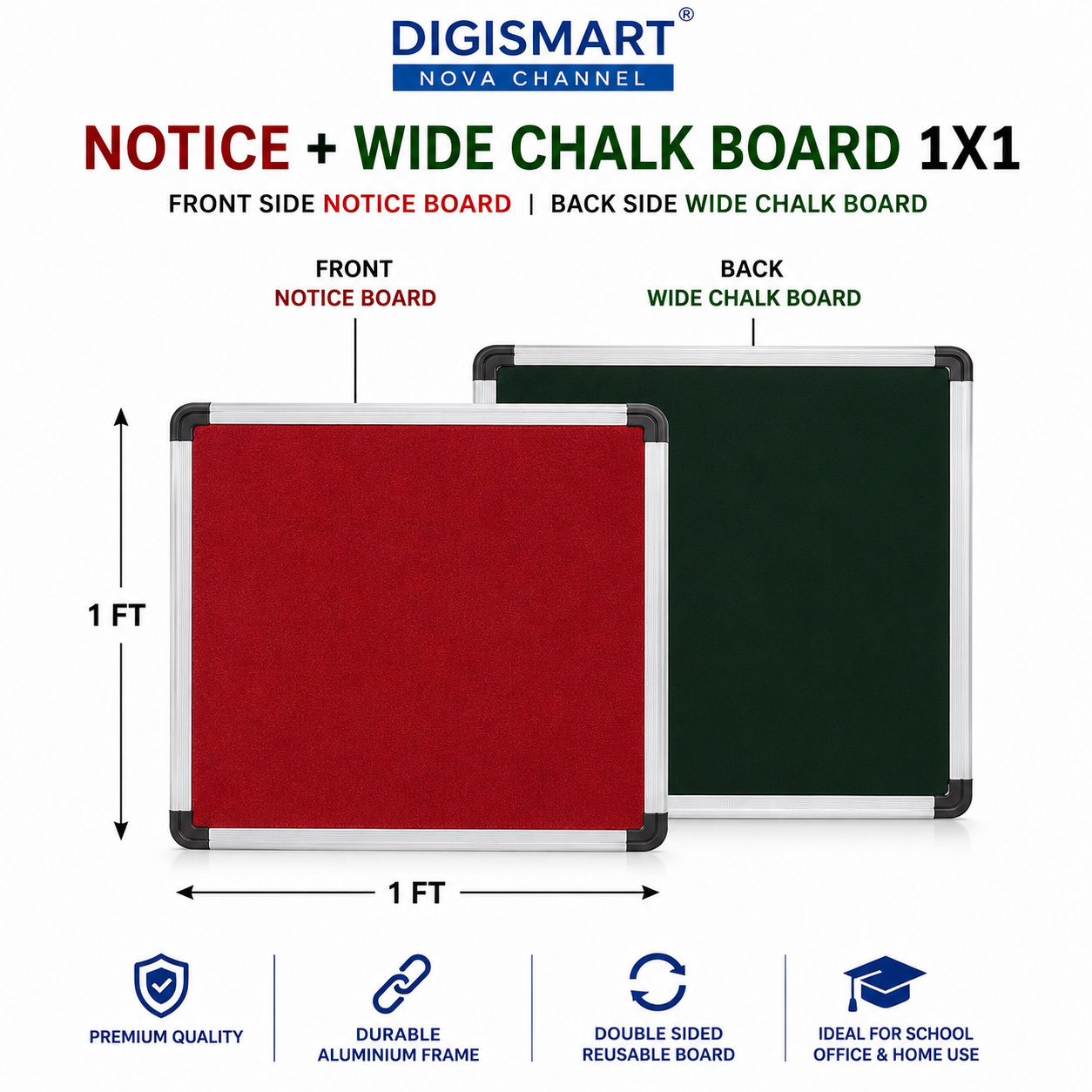 Digismart Nova Channel Double Sided Notice + Chalk Board | Red Notice Board & Green Chalk Board with Durable Aluminium Frame | School, Office & Home