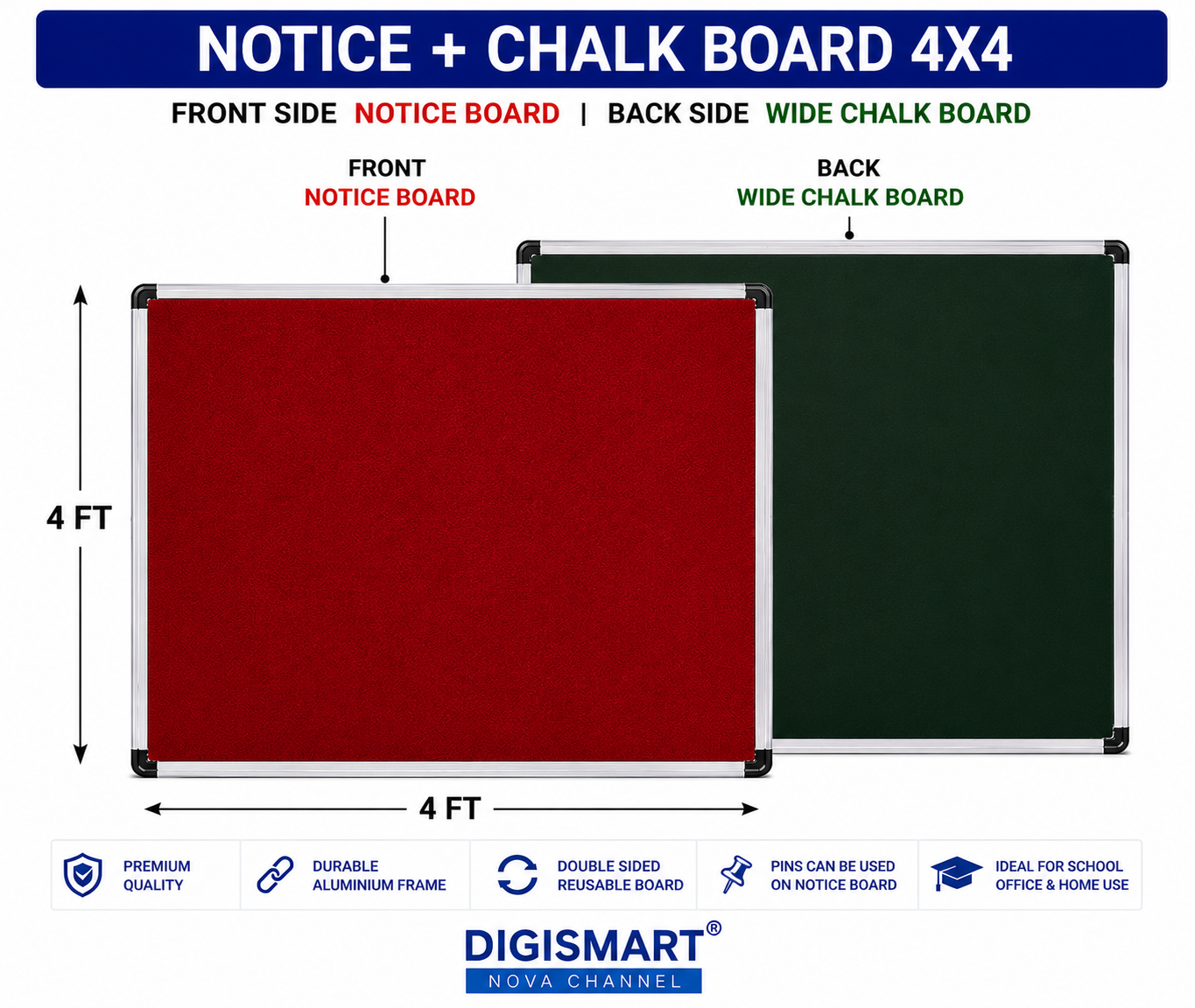 Digismart Nova Channel Double Sided Notice + Chalk Board | Red Notice Board & Green Chalk Board with Durable Aluminium Frame | School, Office & Home