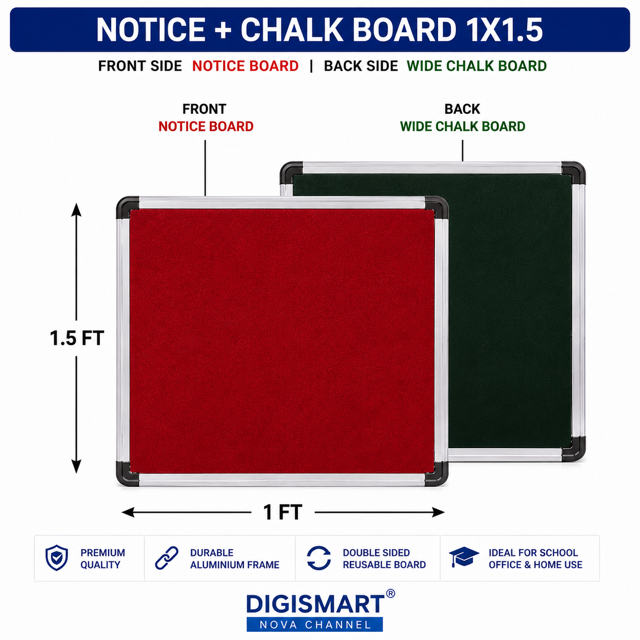 Digismart Nova Channel Double Sided Notice + Chalk Board | Red Notice Board & Green Chalk Board with Durable Aluminium Frame | School, Office & Home
