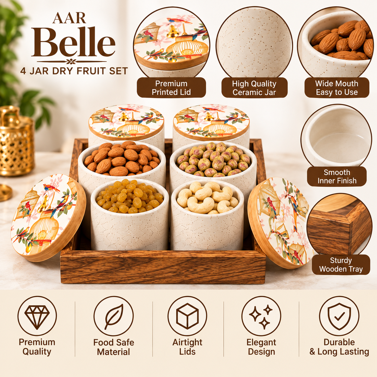 AAR Belle-4 Jar Dry Fruit Set | Stylish 4-Piece Storage Jar Set for Dry Fruits, Nuts, Snacks & Kitchen Use