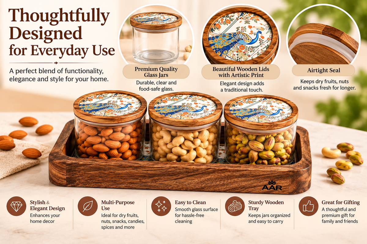 AAR Artisan 3 Jar Dry Fruit Set with Wooden Tray, Decorative Peacock Print Lids, Glass Storage Jars for Nuts, Almonds, Cashews, Pistachios & Snacks
