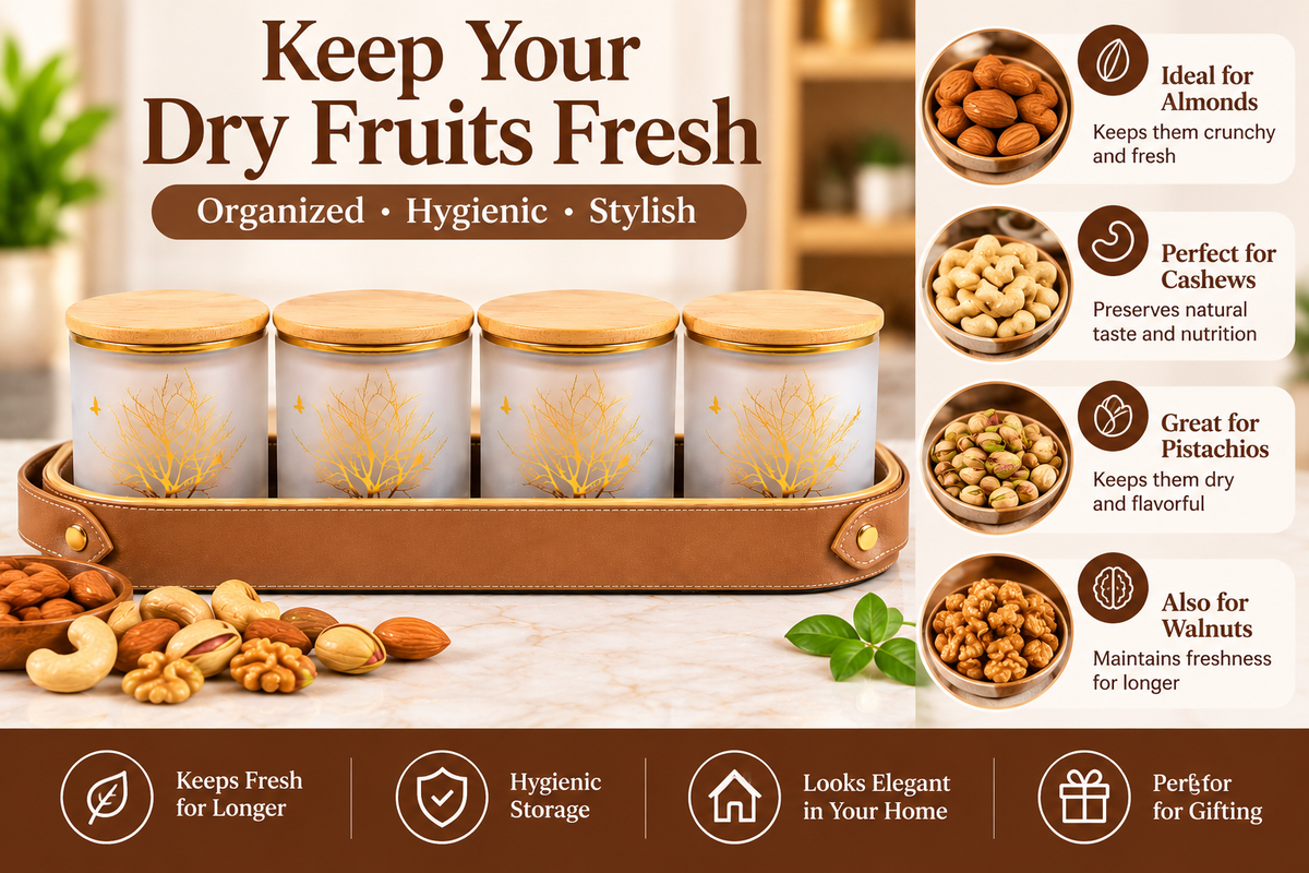 AAR Delight 4 Jar Dry Fruit Set for Kitchen & Dining | Elegant Storage Jars for Dry Fruits, Nuts, Snacks, Candies & Mouth Freshener | Decorative Kitchen Countertop Organizer