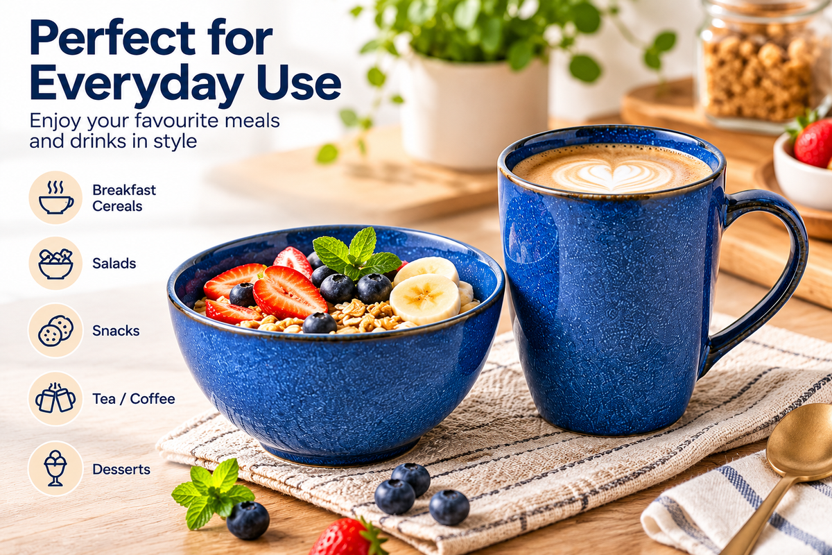 AAR Evero Ceramic Bowl and Mug Set, Blue Speckled Glazed Tableware Set for Breakfast, Tea, Coffee, Snacks and Everyday Use