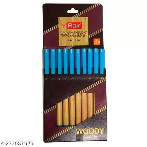 FLAIR Woody 0.7mm Ball Pen Box Pack | Attractive Woody Design | Smooth Ink Flow System With Low-Viscosity Ink | Smudge Free Writing | Blue Ink, Pack of 10 Pens