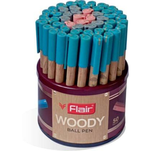 FLAIR Woody 0.7mm Ball Pen Stand | Attractive Woody Design | Smooth Ink Flow System With Low-Viscosity Ink | Smudge Free Writing | Blue, Black & Red Ink, Pack of 50 Pens