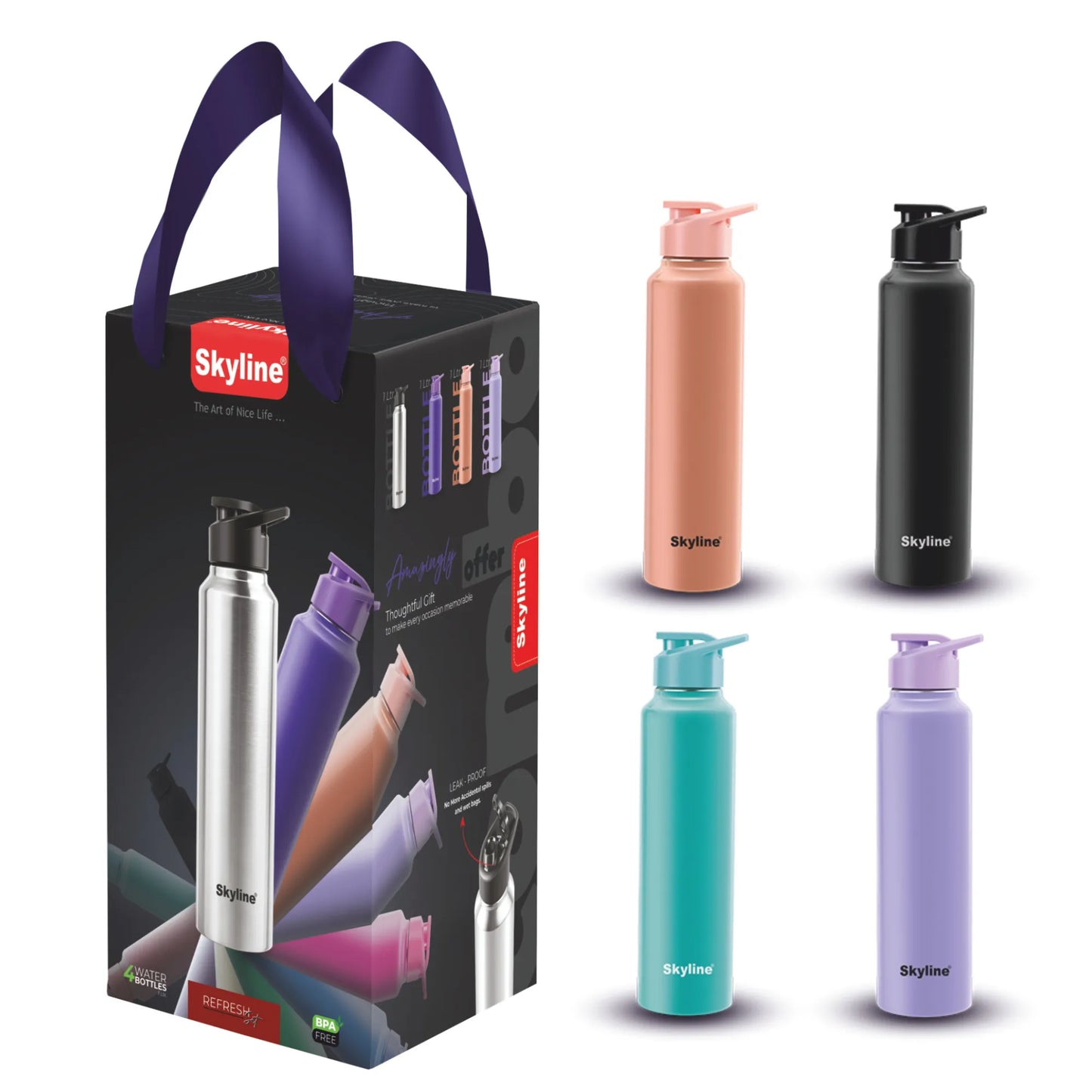 Skyline 4-Pack Stainless Steel Water Bottles | 1L Each | Durable, Leak-Proof & Travel-Ready