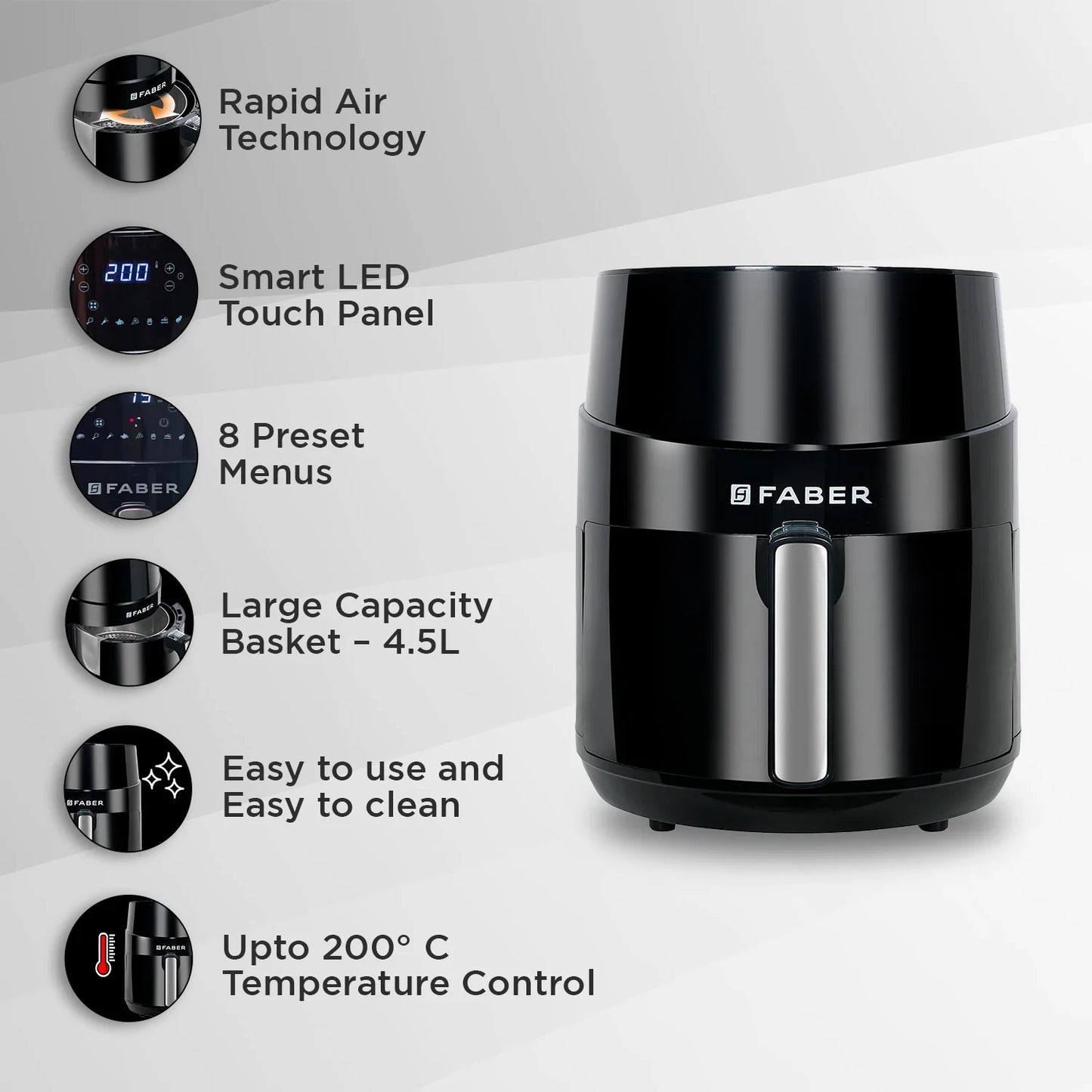 HOUSEHOLD FAB Digital Air Fryer 4.5L | 1400W Rapid Air Technology | Touch Control Panel | Adjustable Temperature & Timer | Oil-Free Healthy Cooking | Non-Stick Fry Basket | Black