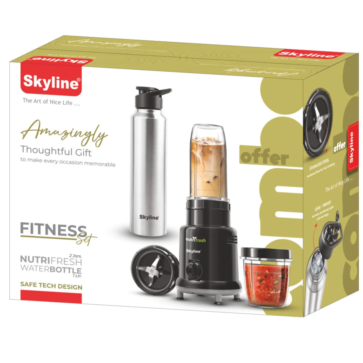 Skyline Nutri Fresh Mixer Grinder Combo | 2 Jars + Steel Bottle | 500W Powerful Motor | Multi-Purpose Kitchen Solution