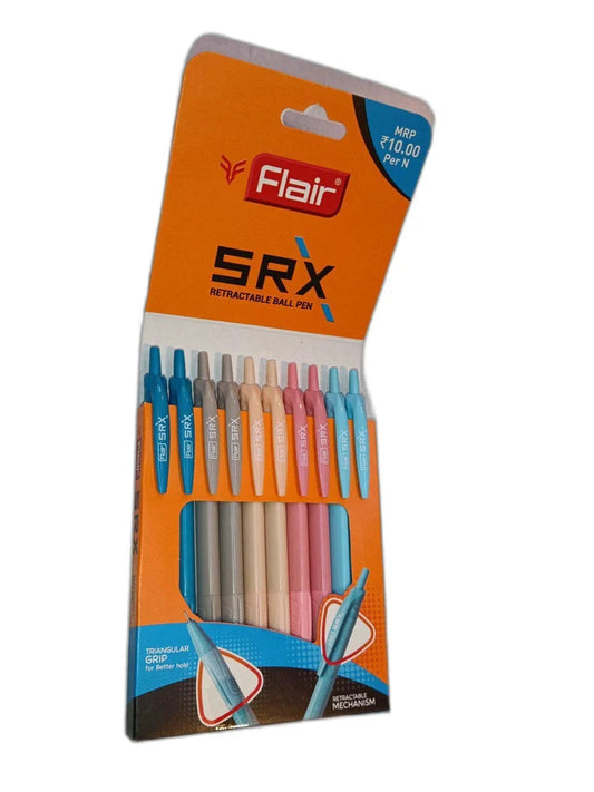 FLAIR Srx Ball Pen Box Pack | Triangular Body Design For Better Grip | Light Weight Refillable | Smooth Writing Experience | Vibrant Solid Body Colours | Blue Ink, Pack of 10