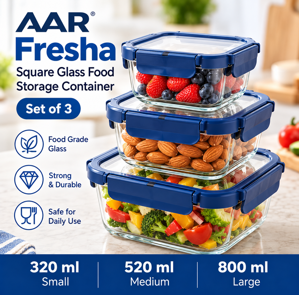 AAR Fresha Square Glass Food Storage Containers Set of 3, 320ml + 520ml + 800ml, Blue Airtight Locking Lids, Transparent Kitchen Storage Boxes for Fruits, Snacks, Leftovers and Meal Prep