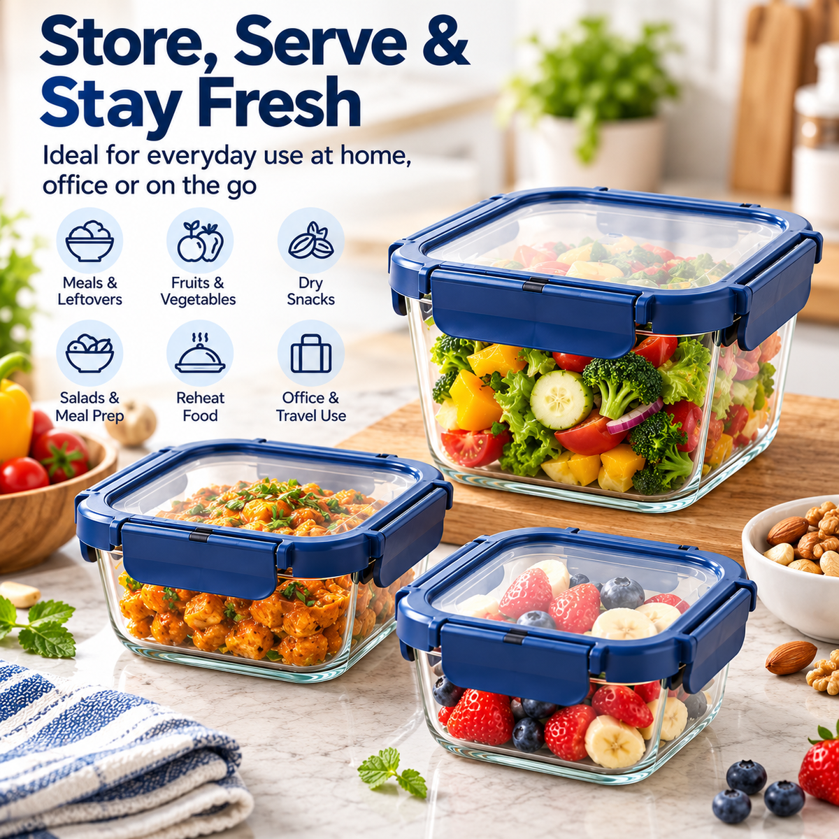 AAR Fresha Square Glass Food Storage Containers Set of 3, 320ml + 520ml + 800ml, Blue Airtight Locking Lids, Transparent Kitchen Storage Boxes for Fruits, Snacks, Leftovers and Meal Prep