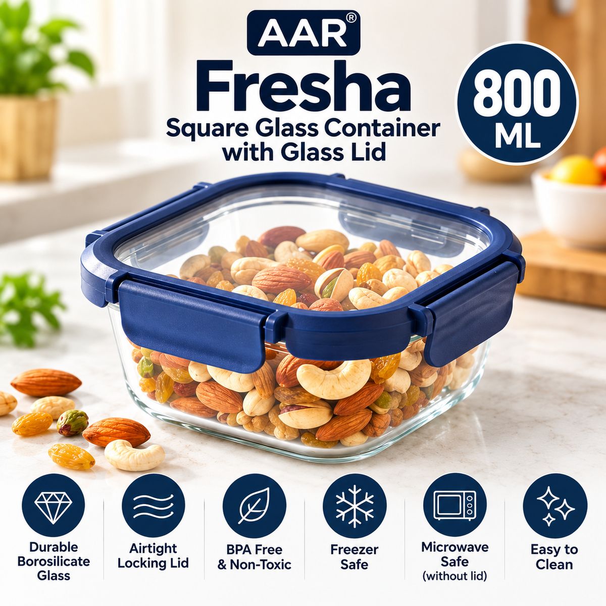 AAR Fresha Square 800 ML Glass Food Storage Container with Airtight Glass Lid