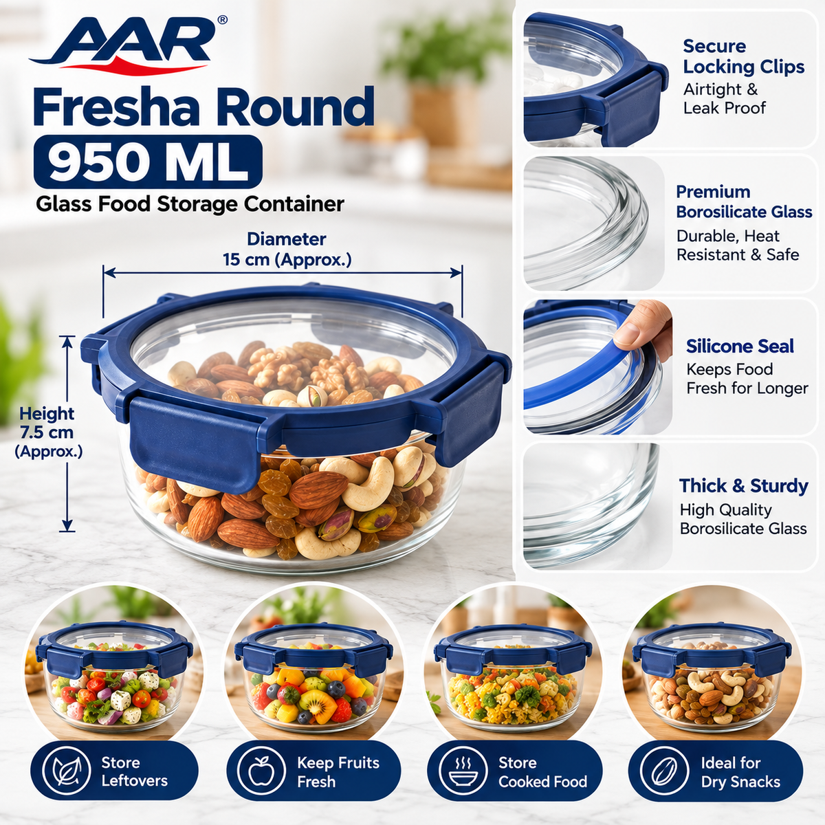 AAR Fresha Round 950 ML Glass Food Storage Container with Airtight Leak-Proof Lid