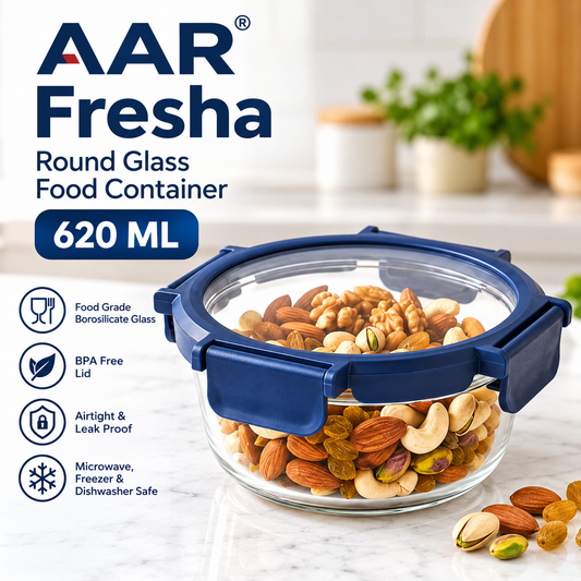 AAR Fresha Round 620 ML Glass Food Storage Container with Glass Lid, Airtight Leak-Proof Locking Clips, BPA-Free, Microwave & Freezer Safe
