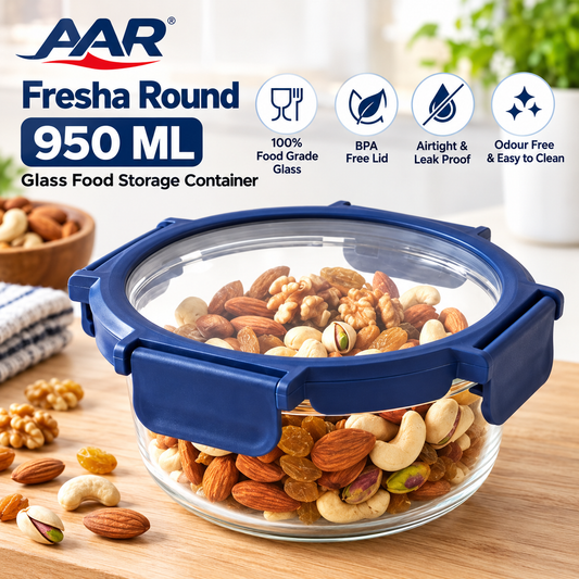AAR Fresha Round 950 ML Glass Food Storage Container with Airtight Leak-Proof Lid