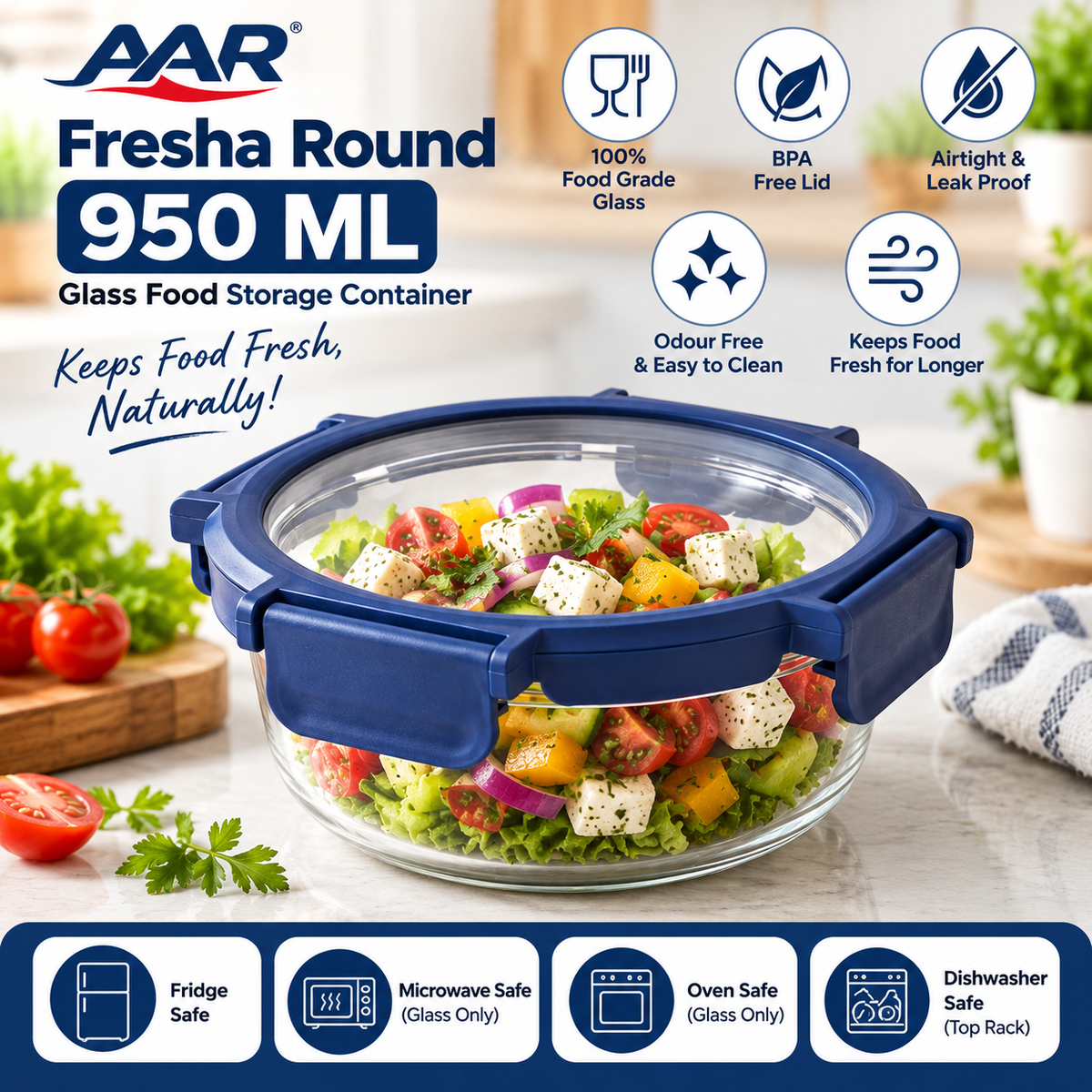 AAR Fresha Round 950 ML Glass Food Storage Container with Airtight Leak-Proof Lid