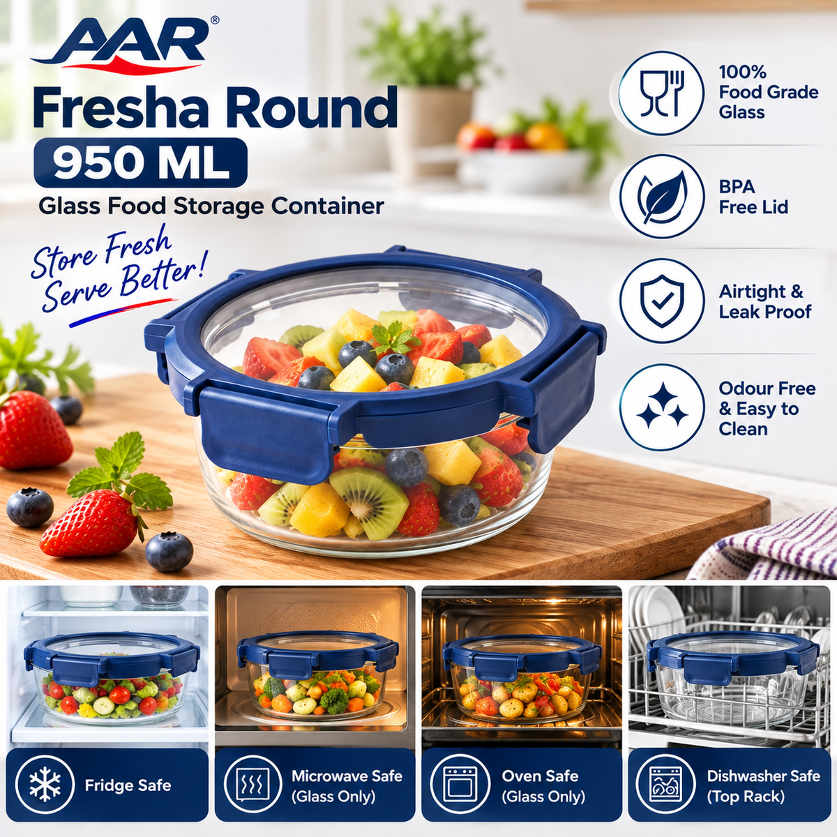 AAR Fresha Round 950 ML Glass Food Storage Container with Airtight Leak-Proof Lid