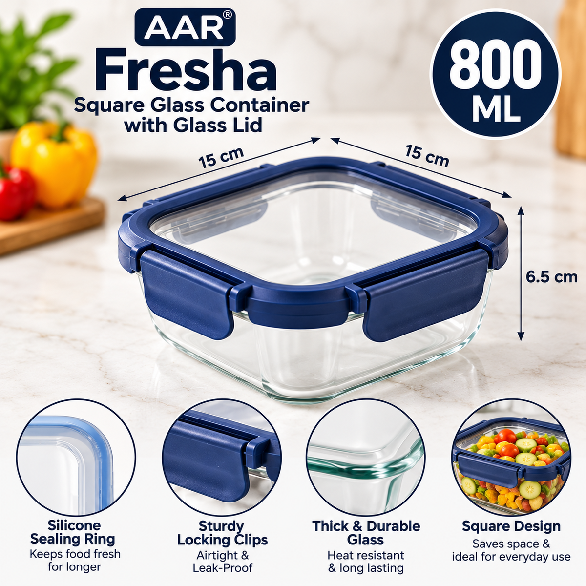AAR Fresha Square 800 ML Glass Food Storage Container with Airtight Glass Lid