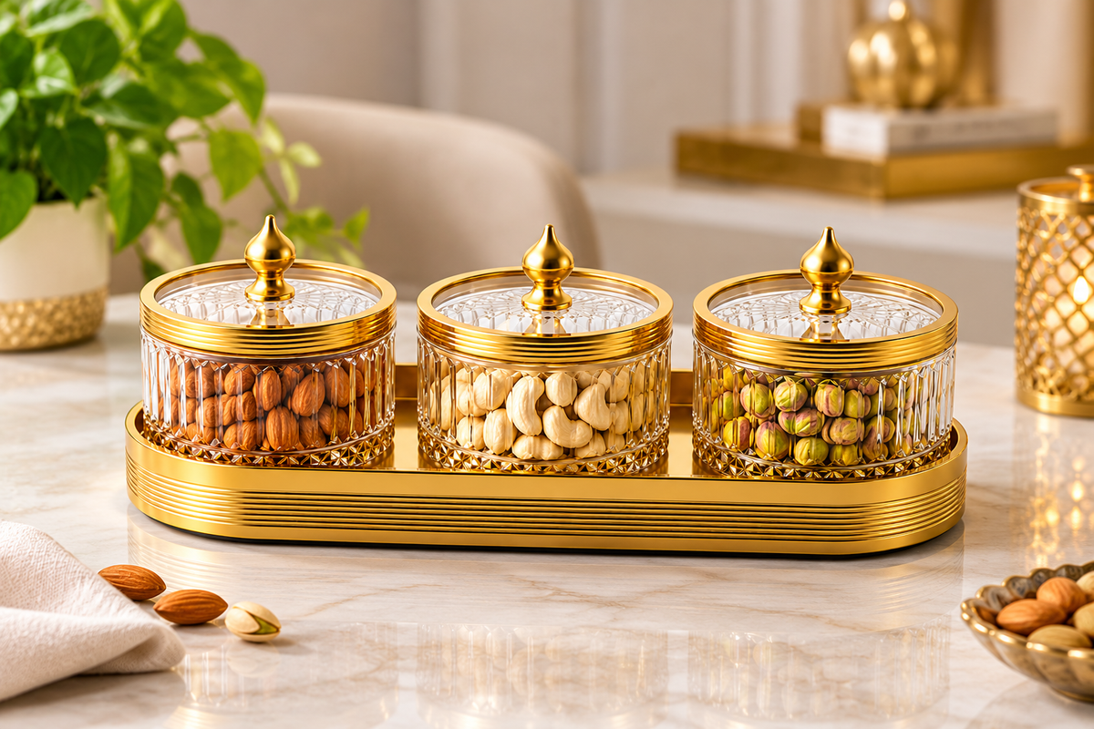 AAR Amber 3 Jar Dry Fruit Set with Golden Finish Lids and Serving Tray | Decorative Glass Jars for Dry Fruits, Nuts, Almonds, Cashews & Pistachios | Elegant Table Décor & Gifting Set