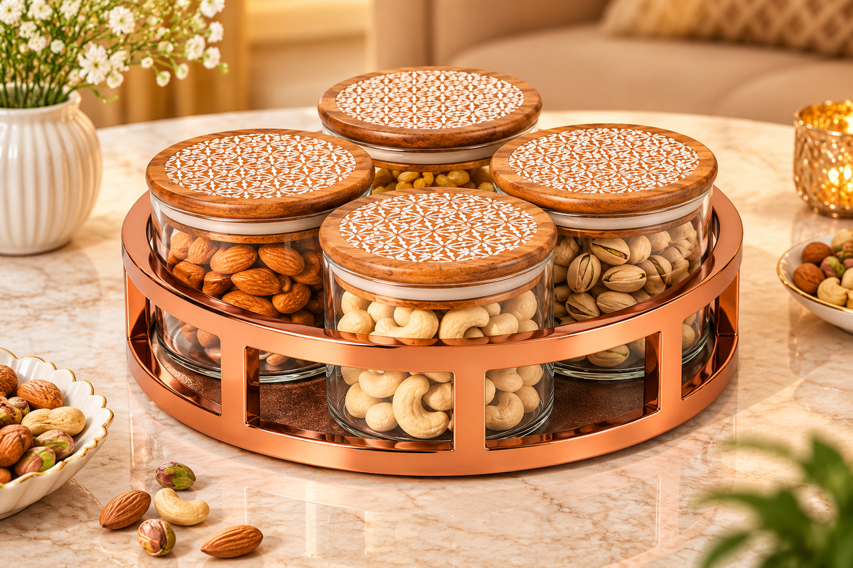 AAR Metalica 4 Jar Round Dry Fruit Set for Kitchen & Dining | Stylish Storage Jars for Dry Fruits, Nuts, Snacks, Candies & Mouth Freshener | Decorative Dining Table Organizer