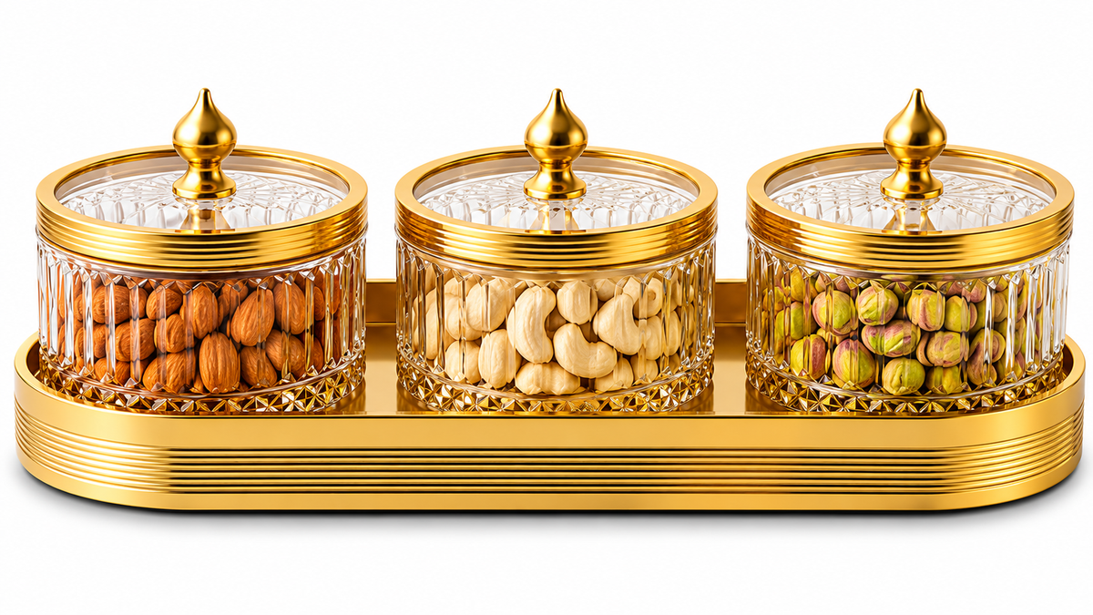 AAR Amber 3 Jar Dry Fruit Set with Golden Finish Lids and Serving Tray | Decorative Glass Jars for Dry Fruits, Nuts, Almonds, Cashews & Pistachios | Elegant Table Décor & Gifting Set