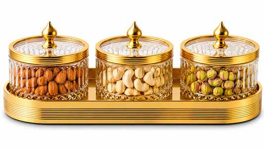 AAR Amber 3 Jar Dry Fruit Set with Golden Finish Lids and Serving Tray | Decorative Glass Jars for Dry Fruits, Nuts, Almonds, Cashews & Pistachios | Elegant Table Décor & Gifting Set