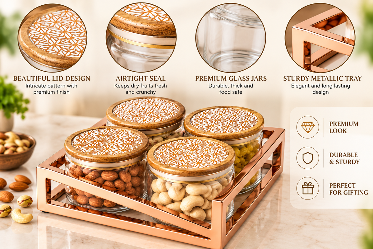 AAR Metalica 4 Jar Square Dry Fruit Set – Stylish Decorative Storage Containers for Dry Fruits, Nuts, Snacks and Candy