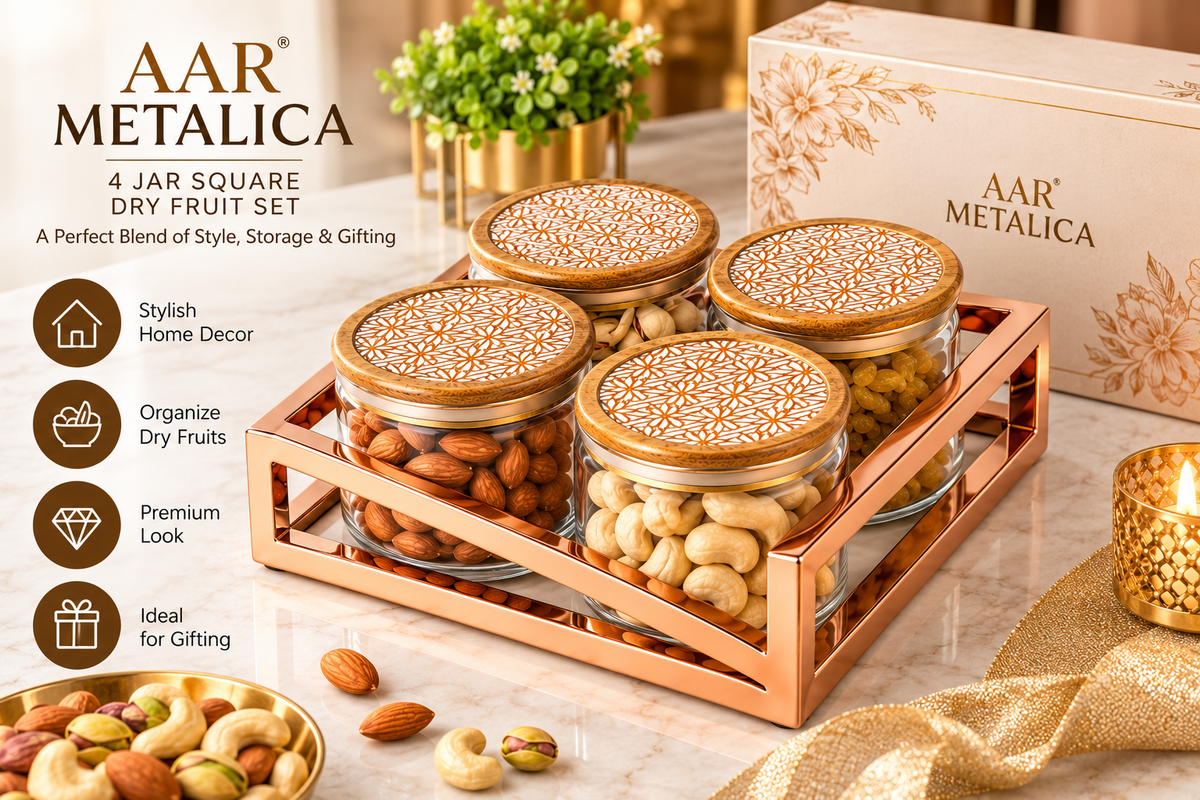 AAR Metalica 4 Jar Square Dry Fruit Set – Stylish Decorative Storage Containers for Dry Fruits, Nuts, Snacks and Candy