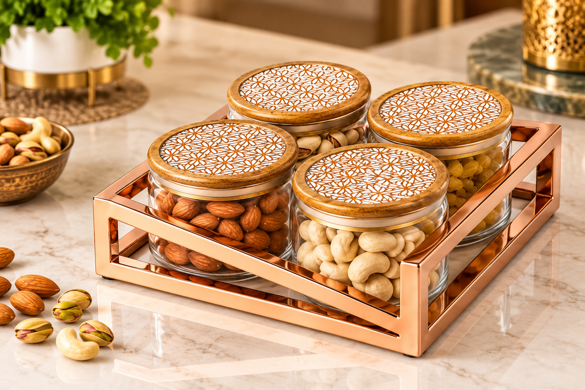 AAR Metalica 4 Jar Square Dry Fruit Set – Stylish Decorative Storage Containers for Dry Fruits, Nuts, Snacks and Candy