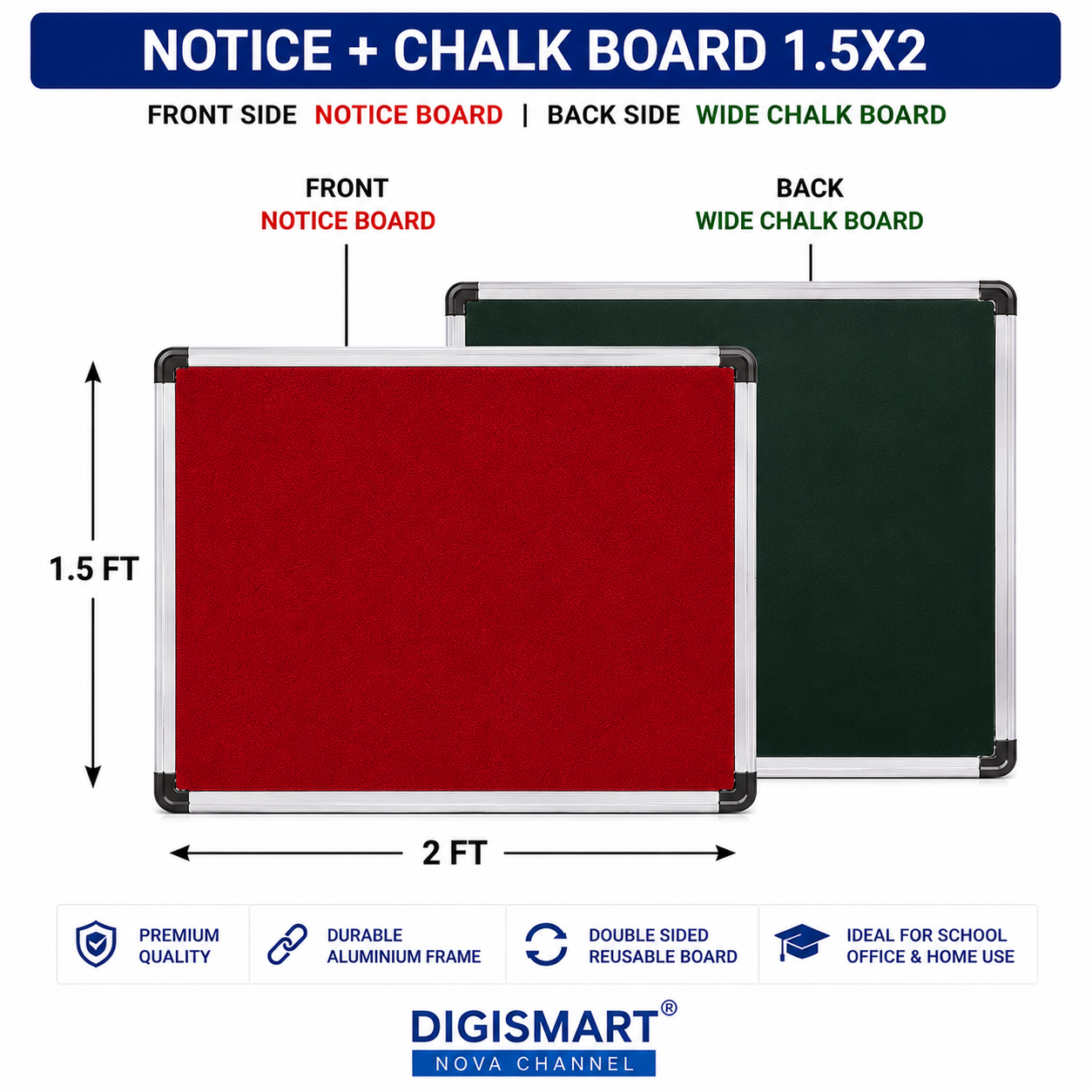 Digismart Nova Channel Double Sided Notice + Chalk Board | Red Notice Board & Green Chalk Board with Durable Aluminium Frame | School, Office & Home