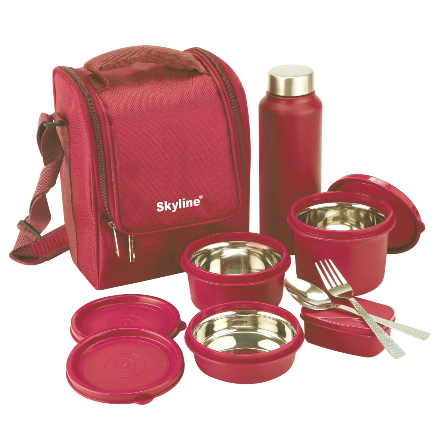 Skyline Office Lunch Box Set | All-in-One 3-Piece Microwave Safe Containers + Pickle Box, Steel Bottle & Insulated Bag MULTICOLOUR