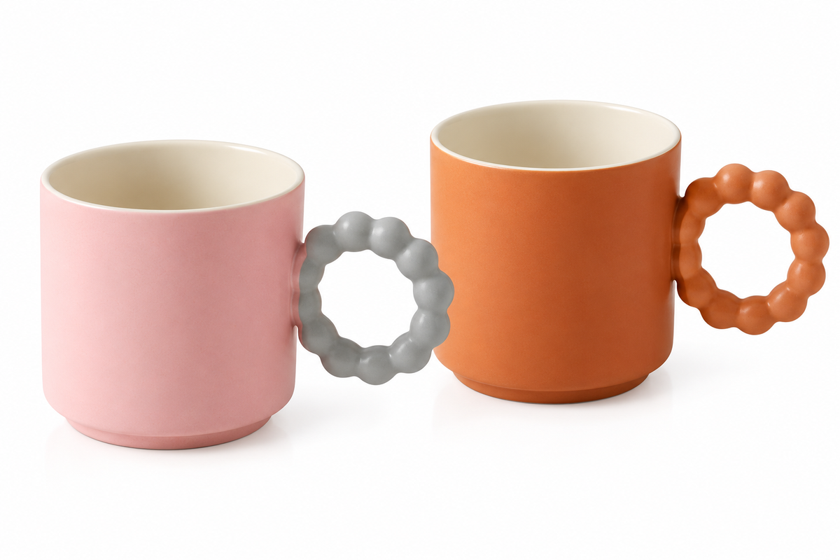 AAR Cuddle Cup Ceramic Coffee Mug Set of 2, Pink & Terracotta Mugs with Unique Round Bubble Handles for Tea, Coffee & Everyday Use